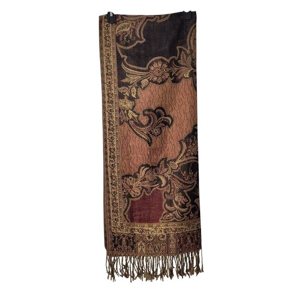 Waverly Paisley Scarf Wrap Shawl 27" X 69" Including Fringe Elegant Gold & Burgu - Picture 10 of 15